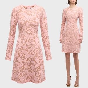Lela Rose Floral Jacquard Knit Long Sleeve Fit & Flare Dress Blush Pink Large L